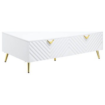 Benzara BM276249 Modern Coffee Table, 2 Drawers, Metal Handles, White, Gold