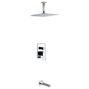 Aqua Piazza Set, 12" Ceiling Mount Square Rain Shower and Tub Filler, Chrome