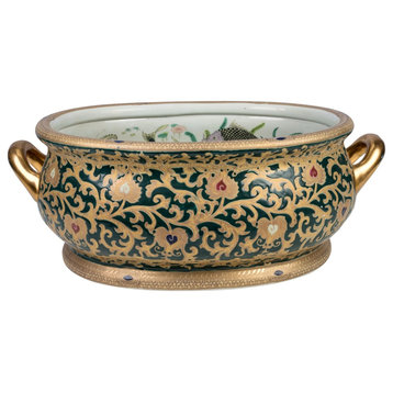Beautiful Green and Gold Porcelain Foot Bath, 21"