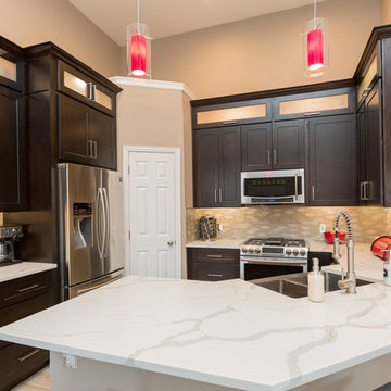 Kitchen | Modern Espresso Cabinets | Glass Mosaic Tile & Quartz Marble