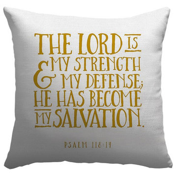 "Psalm 118:14 - Scripture Art in Gold and White" Pillow 20"x20"