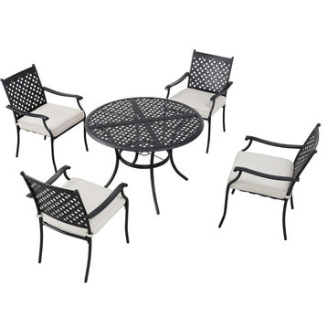 5 Pcs Outdoor Dining Set, Metal Frame, Cushioned Armchairs & Round Table, Beige