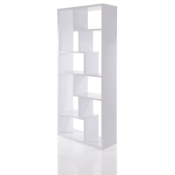 Modern Bookcase, Tall Design With Asymmetrical Open Compartments, White