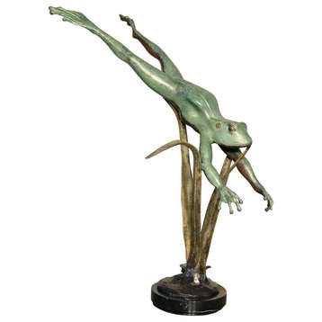 Frog Swimming Down With Marble Base Bronze Sculpture