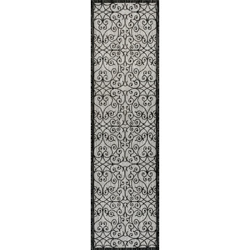 Madrid Vintage Filigree Textured Weave Indoor/Outdoor, Gray/Black, 2 X 10