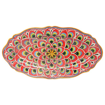 Deruta Ceramiche Sberna Penna di Pavone 24X13" Scalloped Long Oval Platter, Red