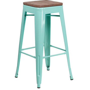 30" High Backless Mint Green Barstool With Square Wood Seat