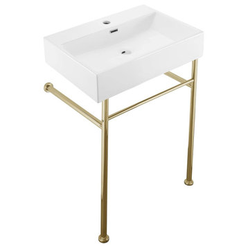 Industrial Bathroom Sink, Metal Legs With Glossy White Porcelain Basin, Gold