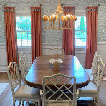 Dining Room Side Panel Drapes with Contrast Banding & Knots on the Top Pleats