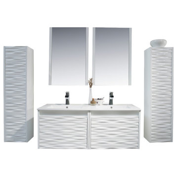 Floating Bathroom Vanity Set, Glossy White, 48" With Sink, Mirror & Side Cabinets