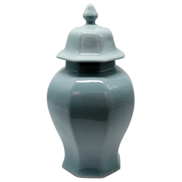 Octagonal Porcelain Temple Jar Light Blue Crackle -M