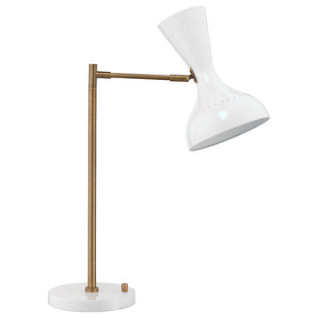 Pisa Swing Arm Table Lamp, White Lacquer and Antique Brass Metal
