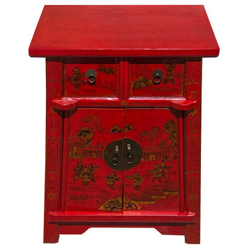 Chinese Rustic Bright Red Golden Graphic End Table Nightstand Hcs7335