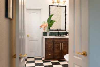 Bathroom - mid-sized transitional master green tile and marble tile marble floor and double-sink bathroom idea in Austin with shaker cabinets, dark wood cabinets, a one-piece toilet, white walls, an undermount sink, quartz countertops, a hinged shower door, white countertops and a built-in vanity