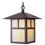 Livex Lighting - Montclair Mission Outdoor Chain-Hang Light, Bronze - Bright, iridescent tiffany glass and bold lines put a fresh spin on a classic look in this beautiful Montclair Mission style outdoor hanging lantern. Made from solid brass and finished in crackled bronze, the T-bar overlay linear details on the frame give it an architectural window-inspired look.
