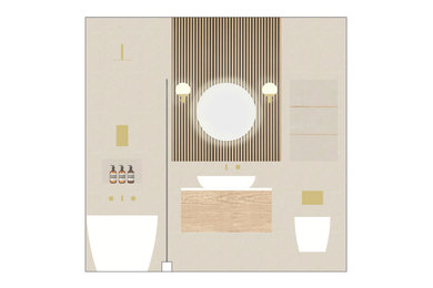 This is an example of a medium sized scandi cream and black bathroom in London with light wood cabinets, a freestanding bath, a shower/bath combination, a wall mounted toilet, beige tiles, porcelain tiles, beige walls, porcelain flooring, a built-in sink, marble worktops, beige floors, a hinged door, white worktops, a feature wall, a single sink and a floating vanity unit.