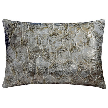 Blue Jacquard 12"x26" Lumbar Pillow Cover Foil and Beaded Silver Ore