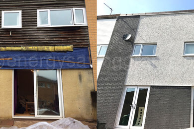Inspiration for a medium sized contemporary two floor terraced house in Cardiff with mixed cladding.