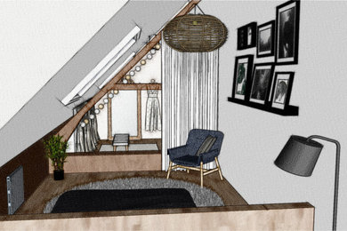 Imagen de dormitorio principal nórdico de tamaño medio sin chimenea con paredes blancas y suelo de madera clara