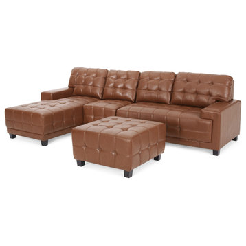 Littell Faux Leather 4 Seater Sofa, Chaise Sectional, Ottoman, Cognac + Dark Bro
