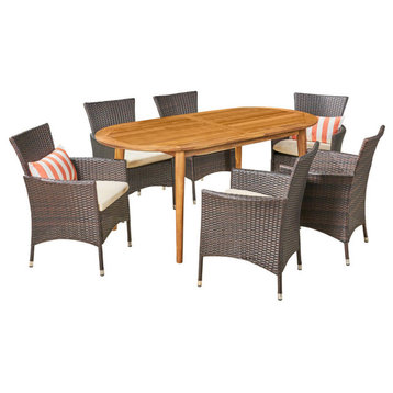 GDF Studio 7-Piece Stanford Outdoor Acacia Wood Dining Set With Wicker Chairs, T