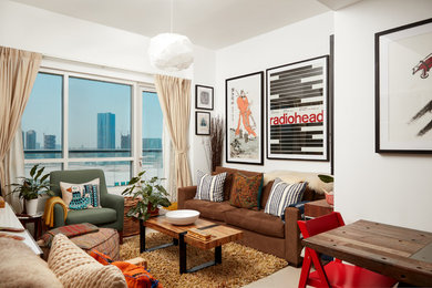 Eclectic open concept porcelain tile and beige floor living room photo in DC Metro with white walls