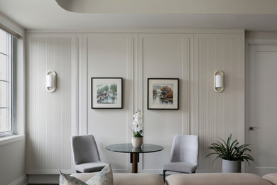 Inspiration for a small contemporary open concept dark wood floor, brown floor and coffered ceiling living room remodel in Toronto with beige walls