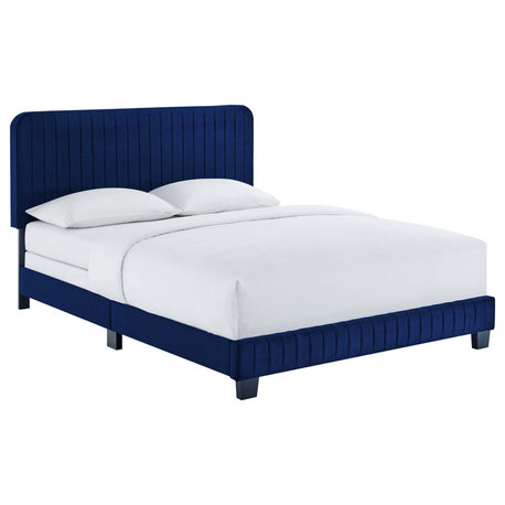 Celine Channel Tufted Performance Velvet Queen Bed, Navy