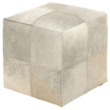 Modern Ottoman/Stool, Animal Patchwork Leather Upholstery, Gray/Square