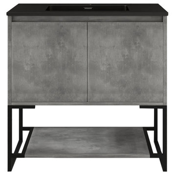 36" Freestanding Bath Vanity, Black Cultured Mable Top, Charocal Gray