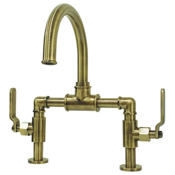 KS2173KL Industrial Style Bridge Bathroom Faucet and Pop-Up Drain, Antique Brass