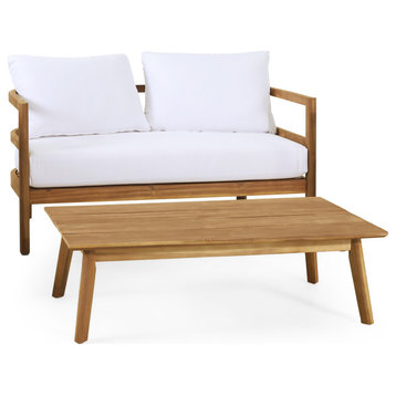 Aggie Outdoor Acacia Wood Loveseat and Coffee Table Set, Teak and White