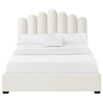Inspired Home Monty Bed, Velvet Upholstered Scalloped Headboard, Ivory, Full