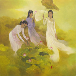Ladies pick Lotus Flower - Paintings