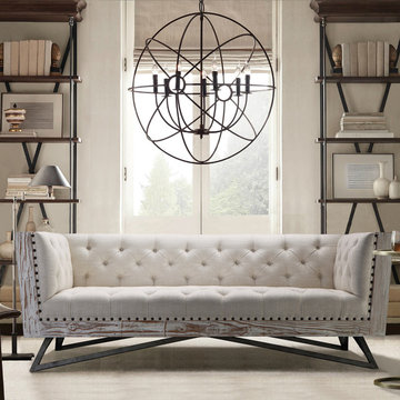Armen Living Regis Cream Sofa in Pine Frame / Gunmetal Legs