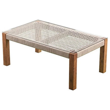 Indoor/Outdoor Coffee Table, Acacia Wood Frame and Woven Rope Accented Glass Top