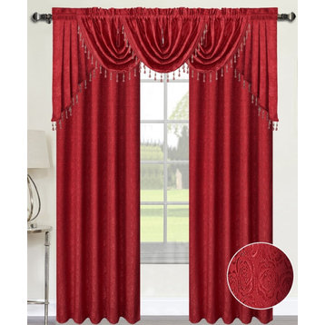 Angelina Damask 7 Piece Curtain, Beaded Austrian Valances and Swag Set, Red
