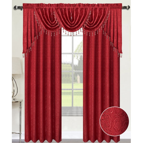 Angelina Damask 7 Piece Curtain, Beaded Austrian Valances and Swag Set, Red