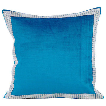 Blue Decorative Pillow Covers 24"x24" Velvet, Silver Studded Blue