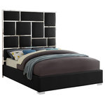 Meridian Furniture - Milan Faux Leather Bed, Black, Queen - Make this Milan black vegan leather queen bed the center showpiece in your bedroom makeover. This elegant bed has a bold look with its super-tall headboard that's divided up into subway blocks for a slightly industrial feel. Chromed metal against the soft and durable black vegan leather adds a stunning feel to this bed. Additional leather wraps its way all around the sides of the bed for a finished and tailored presentation that turns heads and makes your bed the star of the show.