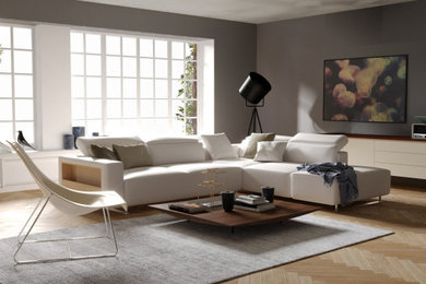 Foto de salón abierto y beige y blanco actual de tamaño medio sin televisor con paredes grises, suelo de madera clara y suelo beige