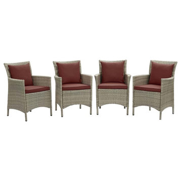 Modway Conduit 34.5" Rattan Patio Dining Armchair in Gray & Currant (Set of 4)