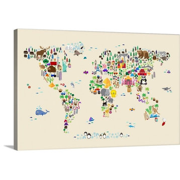 Animal Map of the World for children, Tan Wrapped Canvas Art Print, 18"x12"