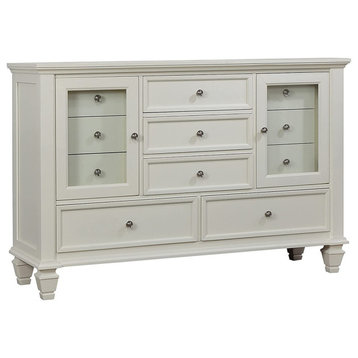 Elegant Large Dresser, Carved Legs & 11 Storage Drawers With Raised Edges, White