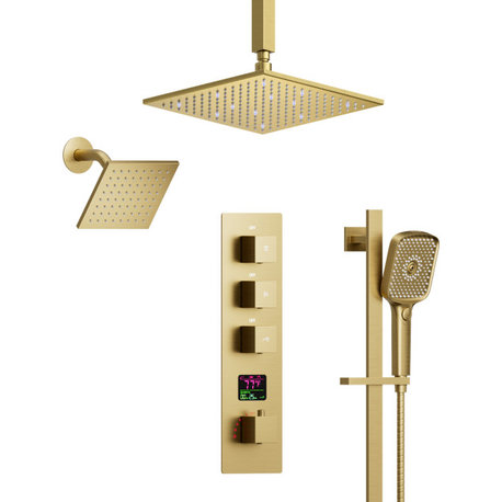 Thermostatic Digital 12" LED  Shower System w/ 4-Functions Hand Shower, Brushed Gold