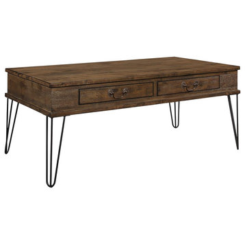 Rectangular Coffee Table, Hairpin Legs & Rubberwood Top With Drawers, Rustic Oak