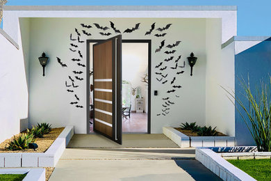 Large minimalist concrete floor and beige floor entryway photo in San Diego with white walls