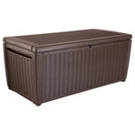 Keter - Keter Sumatra 135 Gallon Brown Plastic Deck Storage Patio Container Bench Box - Tidy up your patio, deck and yard in style with this gorgeous, all-weather Sumatra 135 Gallon Deck Box by Keter. Because it's made out of heavy duty polypropylene resin plastic, it is capable of withstanding outdoor weather conditions without peeling, rotting, rusting or otherwise becoming damaged. Its 135-gallon capacity makes it roomy enough to store everything from large patio furniture cushions to garden tools, pool supplies and more. As an added bonus, it is strong enough to comfortably seat two adults, so it doubles as an attractive outdoor bench as well. You can store just about anything in it and feel confident that it will stay protected all the while. The box keeps stored items dry, and tiny holes keep them ventilated too. Therefore, you don't have to worry about opening the box to musty odors or other unpleasant surprises. And with its stylish rattan weave finish; this storage bench fits in nicely with any outdoor theme or patio decor.