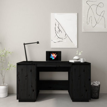 vidaXL Desk Computer Desk with Storage Cabinet for Home Black Solid Wood Pine