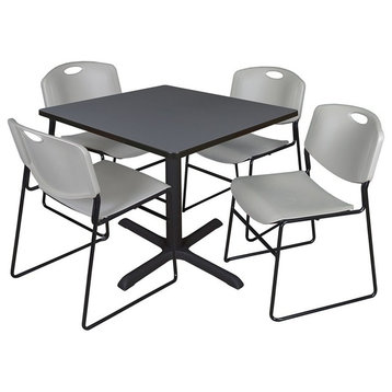 Cain 42" Square Breakroom Table, Gray and 4 Zeng Stack Chairs, Gray